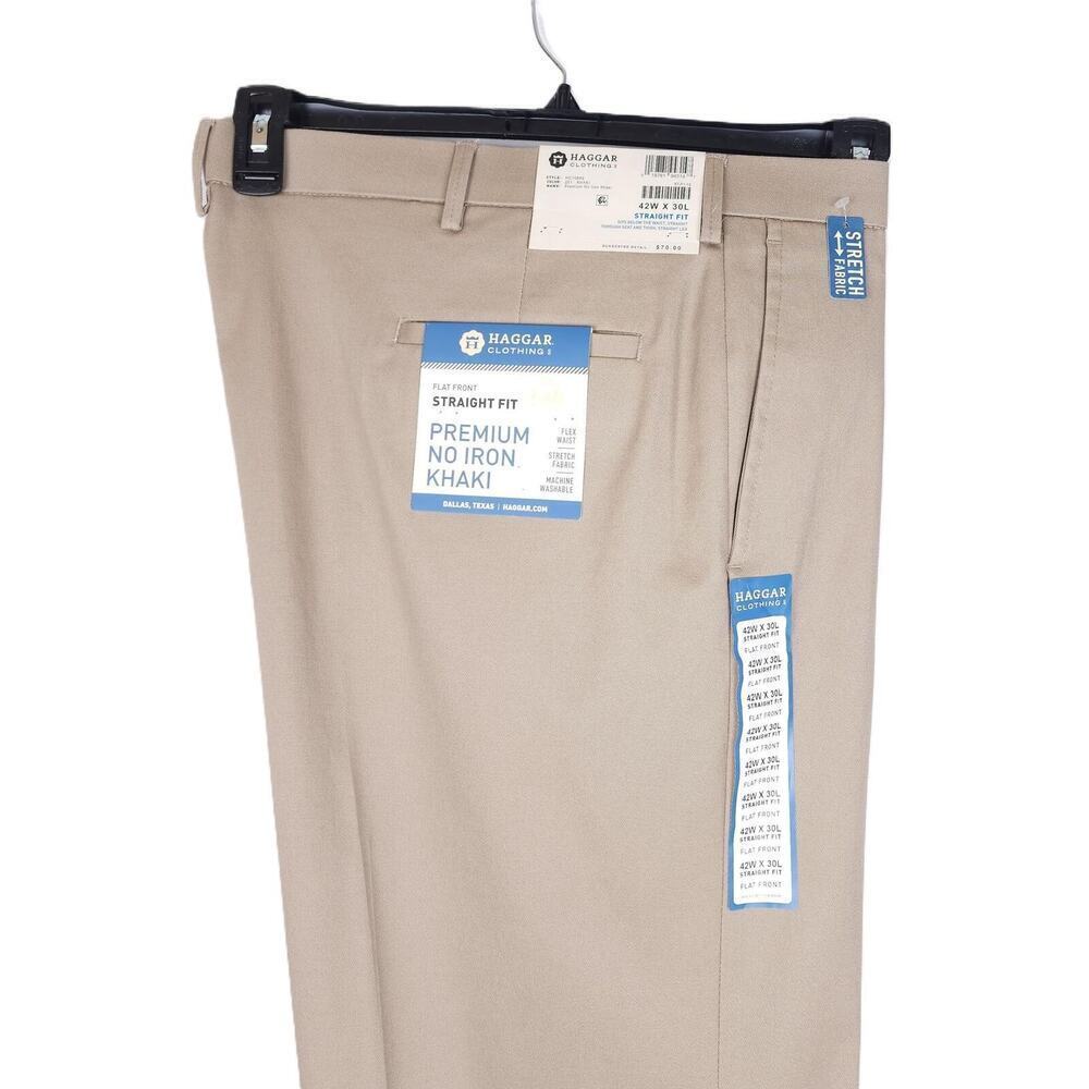 Haggar Straight-Fit Flat Front Premium No Iron Khaki Pant 42x30 NWT *Defect*